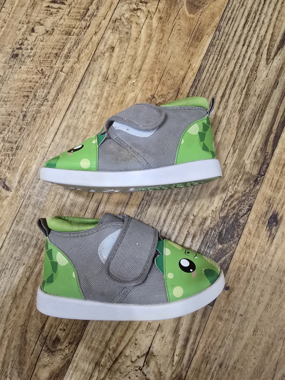 Kids Grey & Green Dino Slip-On Sneakers with Hook-and-Loop Strap - Picture 2 of 8